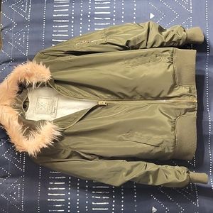 Army green jacket with pink fur